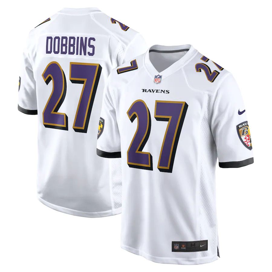 Men Baltimore Ravens #27 Dobbins Nike White Game NFL Jersey